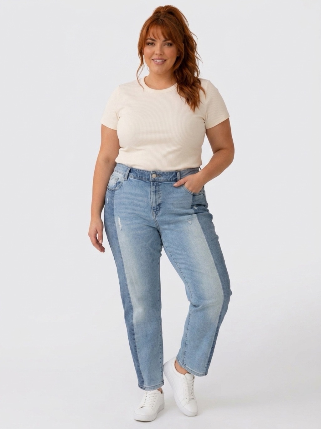 Lane Bryant - Patchworks - High-Rise Two-Tone Light Blue Jeans 96% Cotton